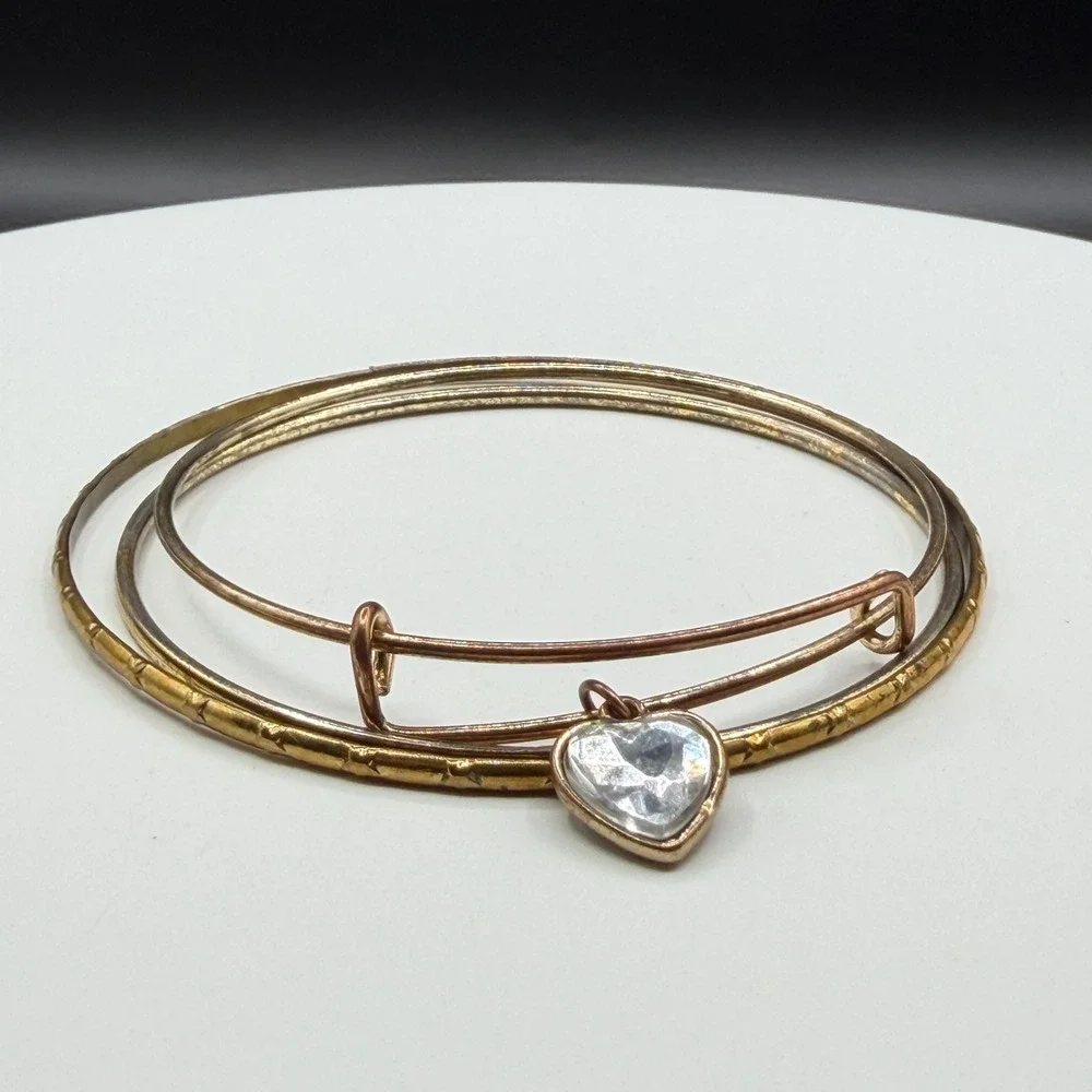 Mixed Metal Bangle Bracelet Set Clear Faceted Heart Charm Stackable Jewelry